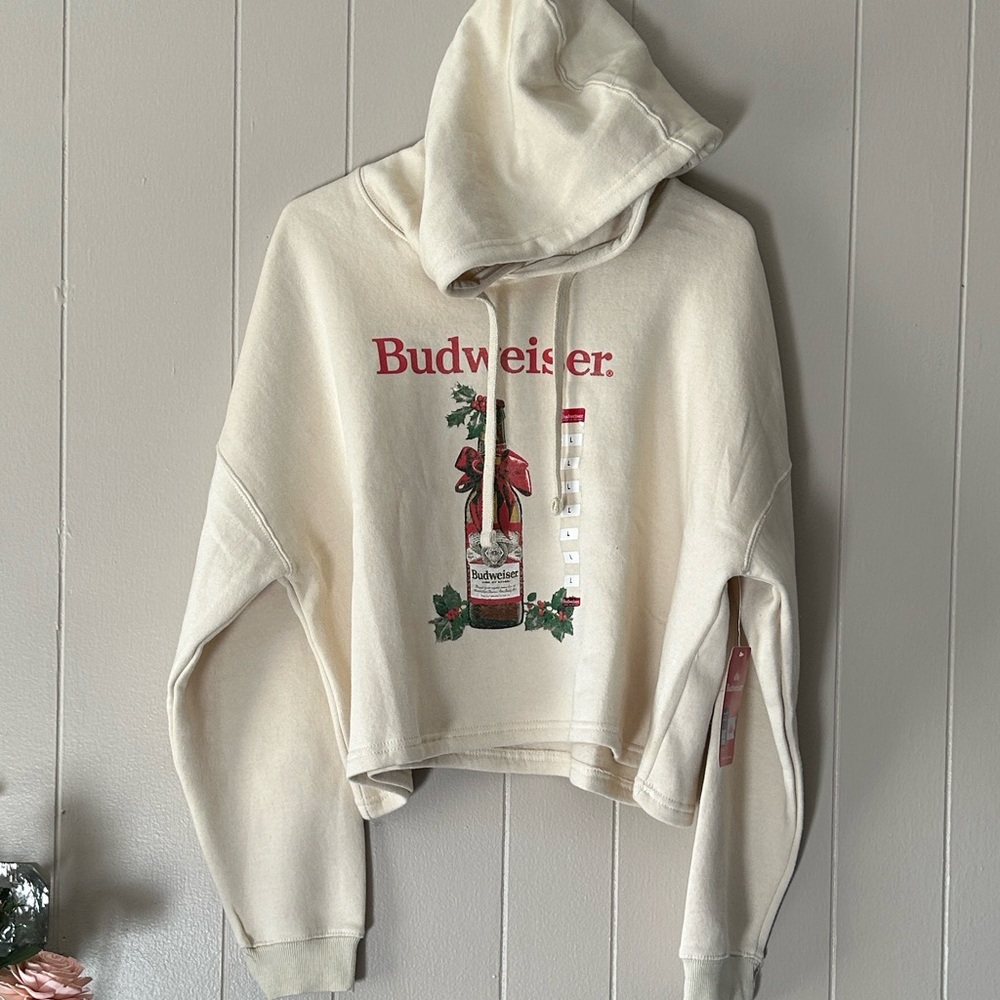 Budweiser Off-White Crop Tops Sweater Hoodie with Bottle Design - Picture 10 of 13